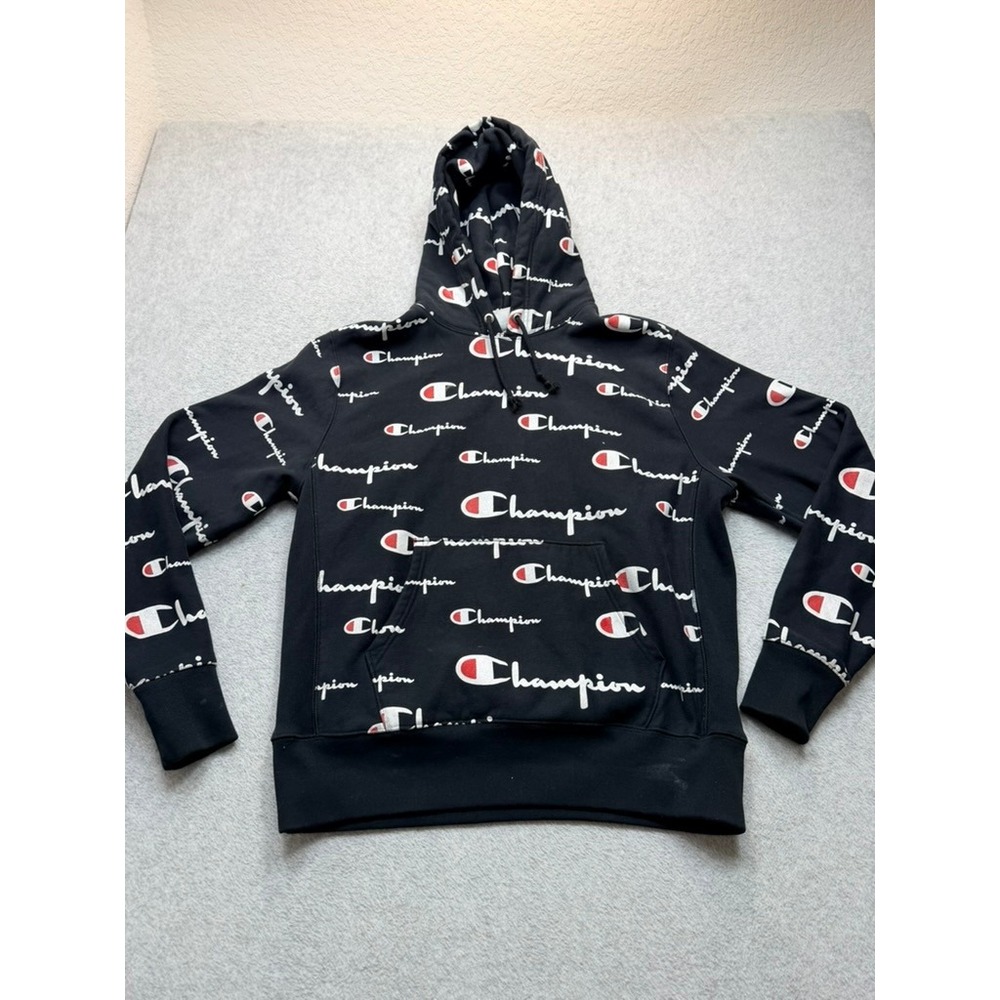 Champion Reverse Weave All Over Print Logo Hoodie Black Mens Large Sweatshirt